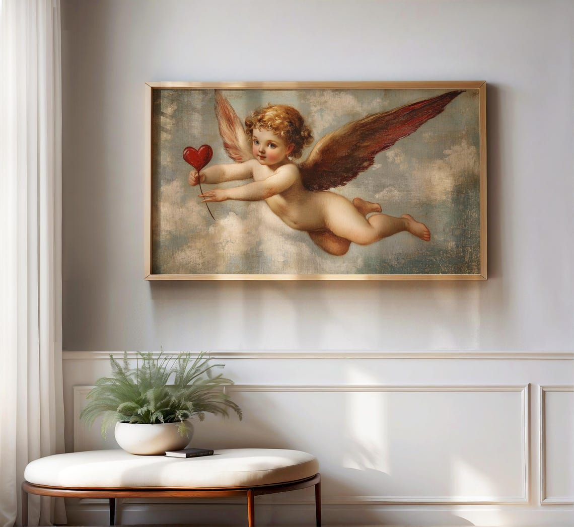 Cupid Flying Red Heart Through Clouds Vintage Romantic Art Poster - Image 2