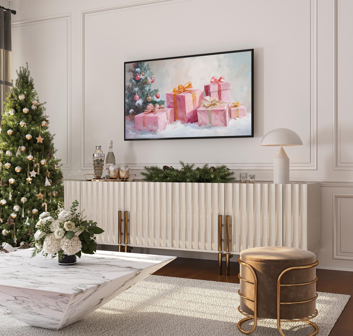 Pink Christmas Tree Gift Boxes Painting Snowy Holiday Scene Art Print - Image 3