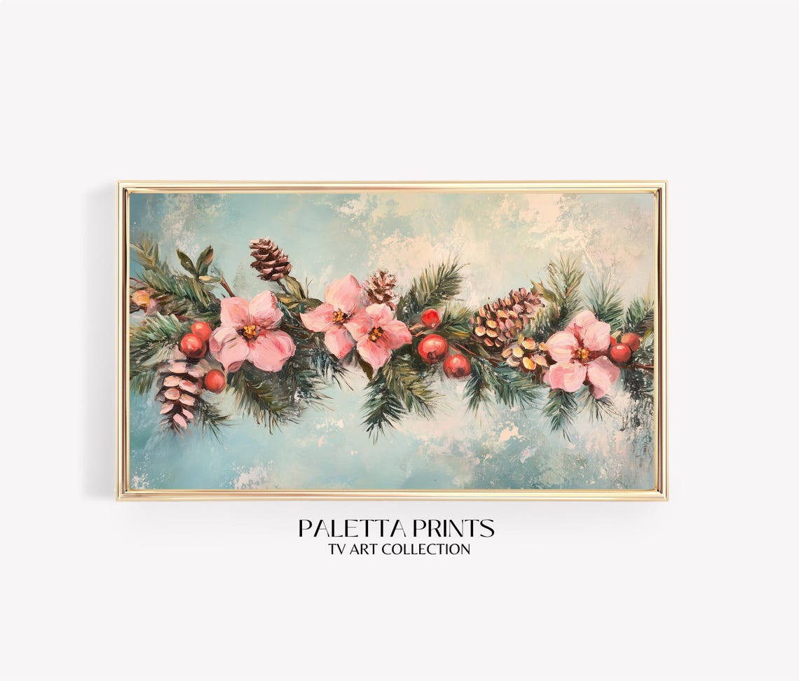 Pink Floral Holiday Garland Pine Berries Pinecones Festive Wall Art