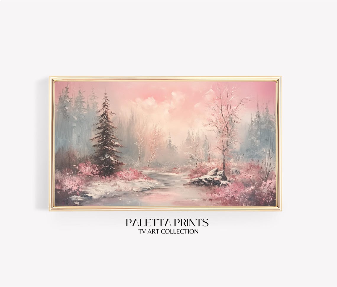 Serene Pink Winter Landscape Snowy Forest Stream Snowfall Wall Art