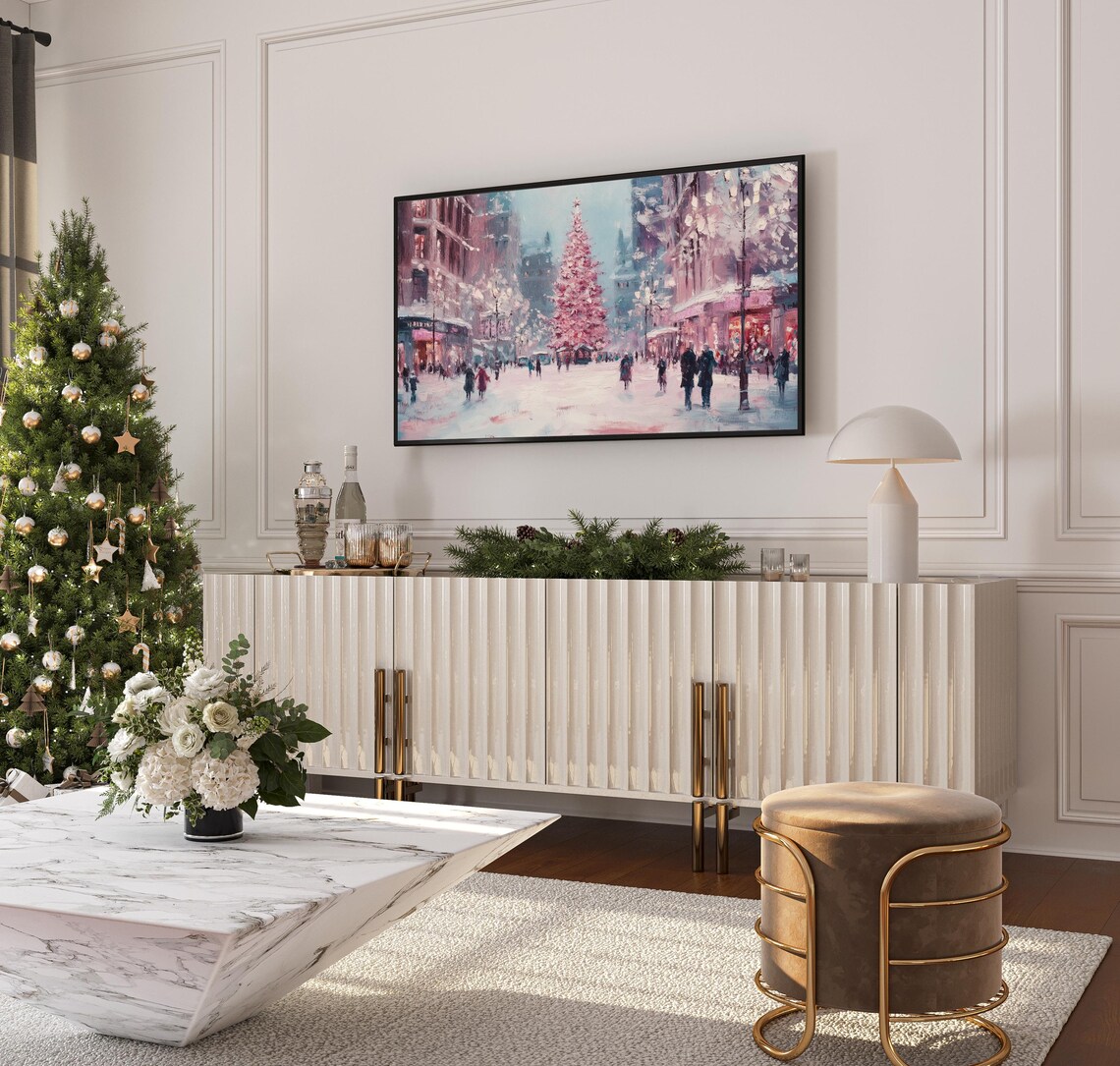 Pink Christmas City Street Painting Snowy Urban Winter Scene Art Print - Image 3