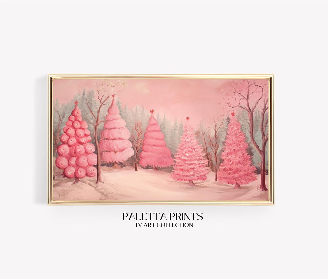 Whimsical Pink Christmas Trees Snowy Forest Star Toppers Poster
