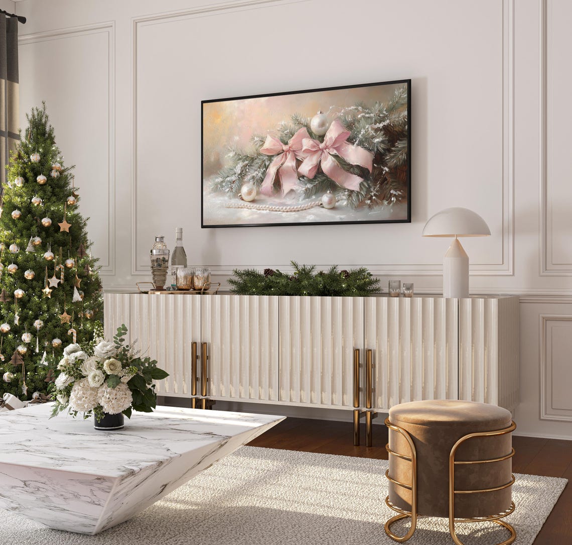 Blush Pink Bow Pearl Strand Snowy Pine Christmas Scene Wall Art - Image 3