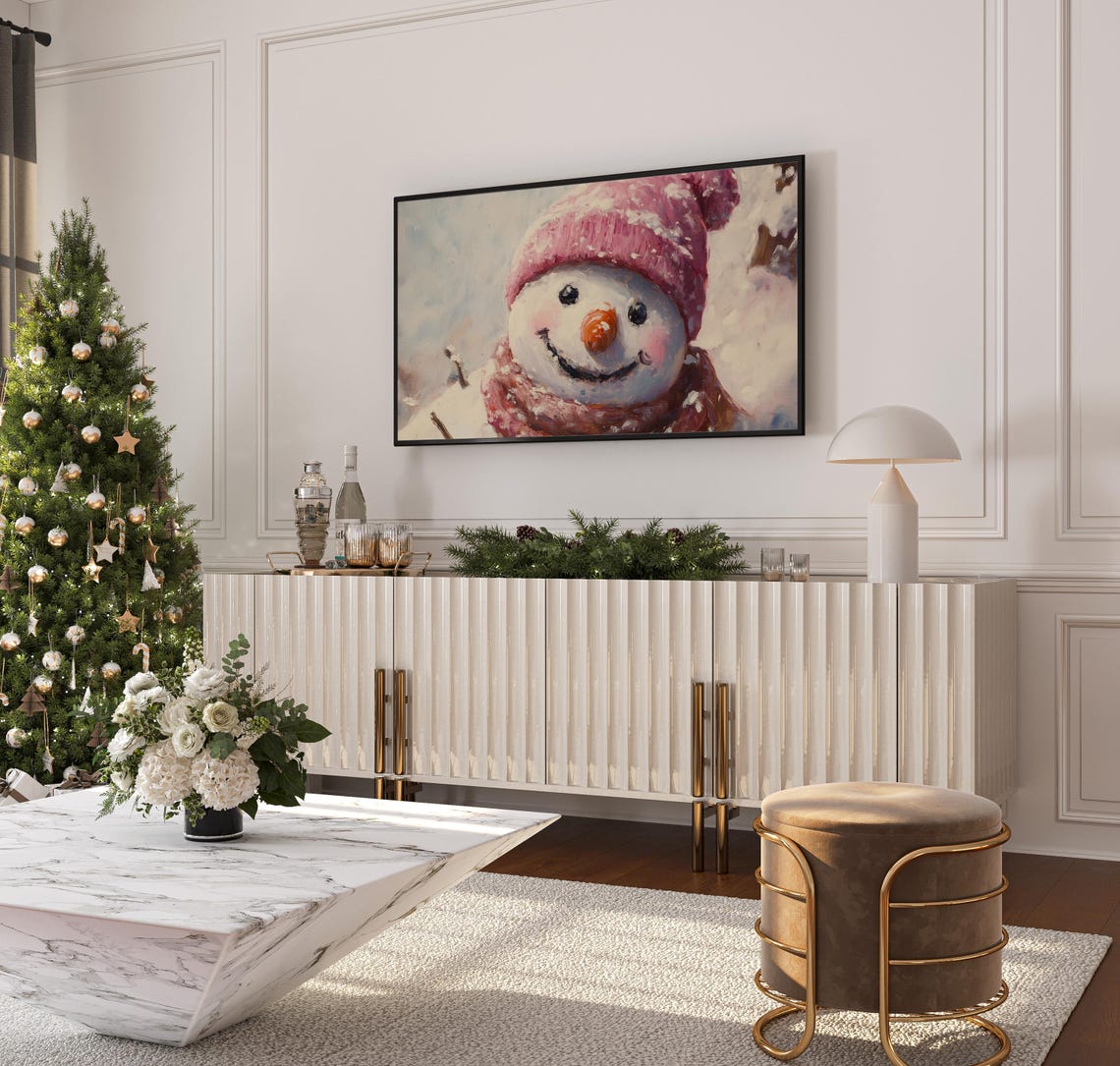 Cheerful Snowman Portrait Pink Knit Hat Impasto Winter Scene Poster - Image 3