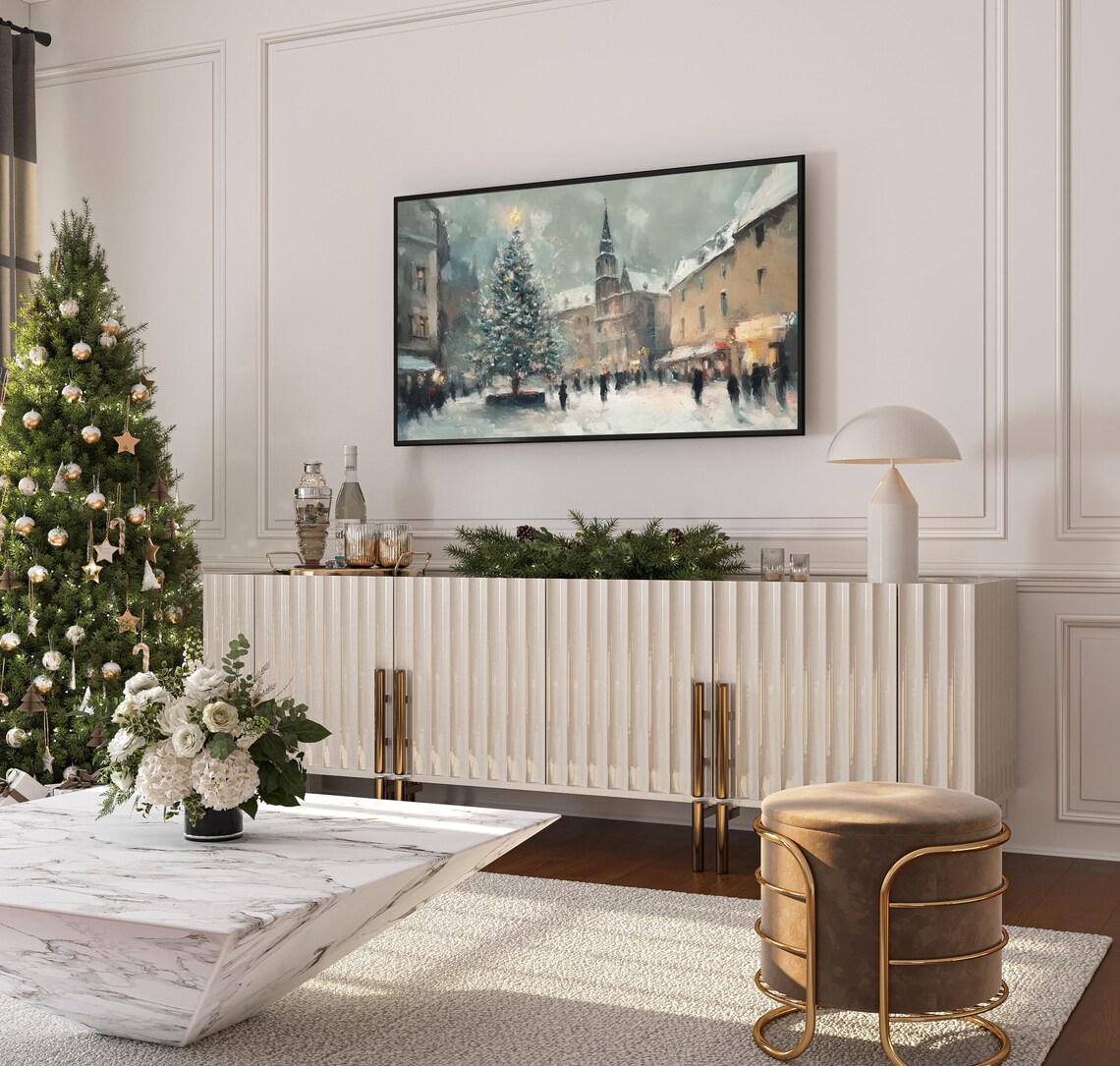 Snowy Christmas Market Square Tree European Holiday Scene Tv Poster - Image 3