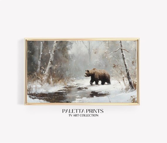 Brown Bear Snowy Birch Forest Winter Wildlife Painting Tv Art Poster