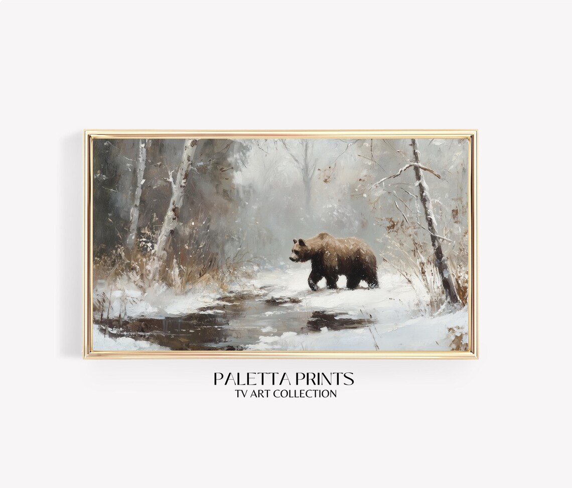 Brown Bear Snowy Birch Forest Winter Wildlife Painting Tv Art Poster