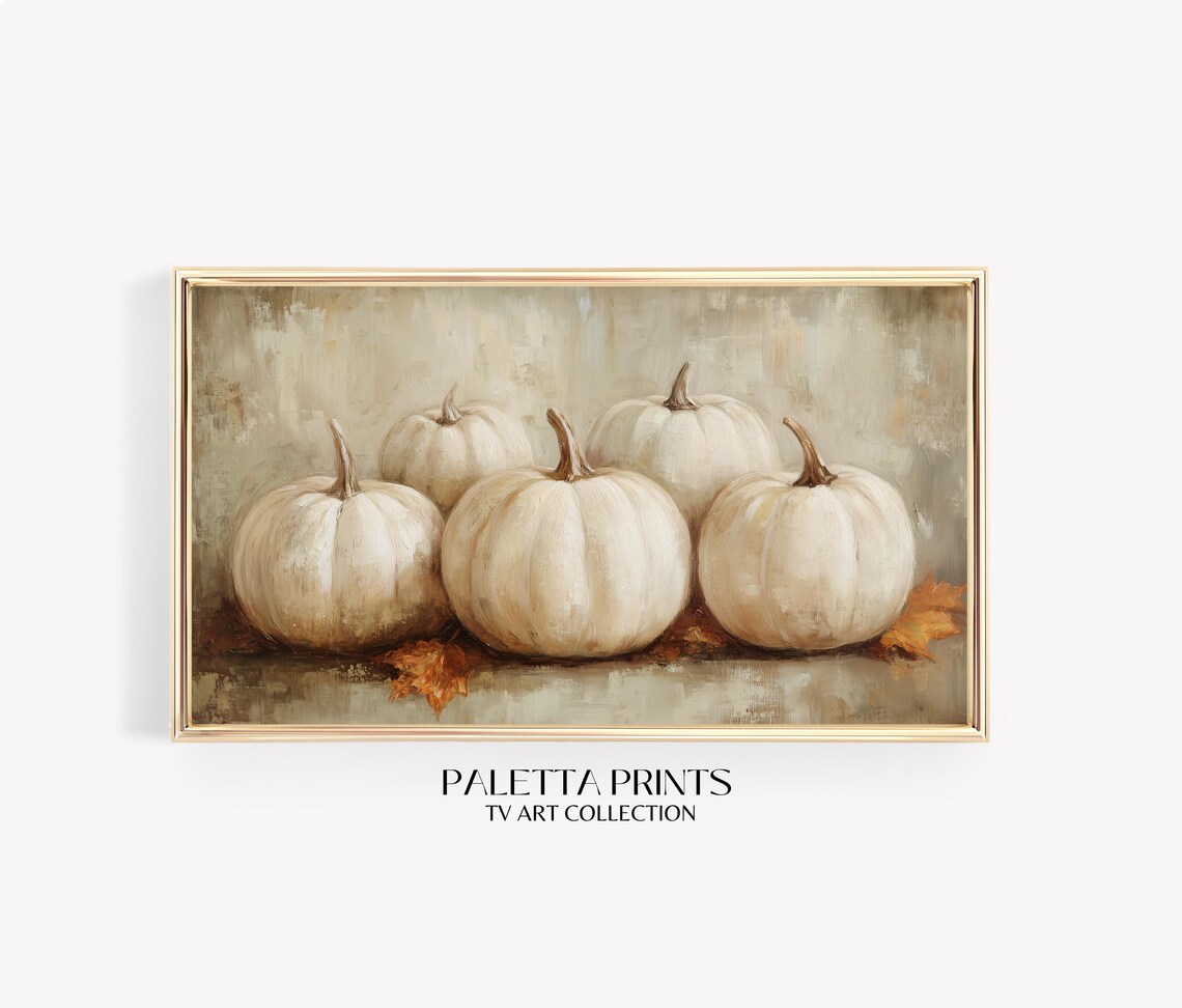 Five White Pumpkins Neutral Fall Still Life Vintage Harvest Art Poster