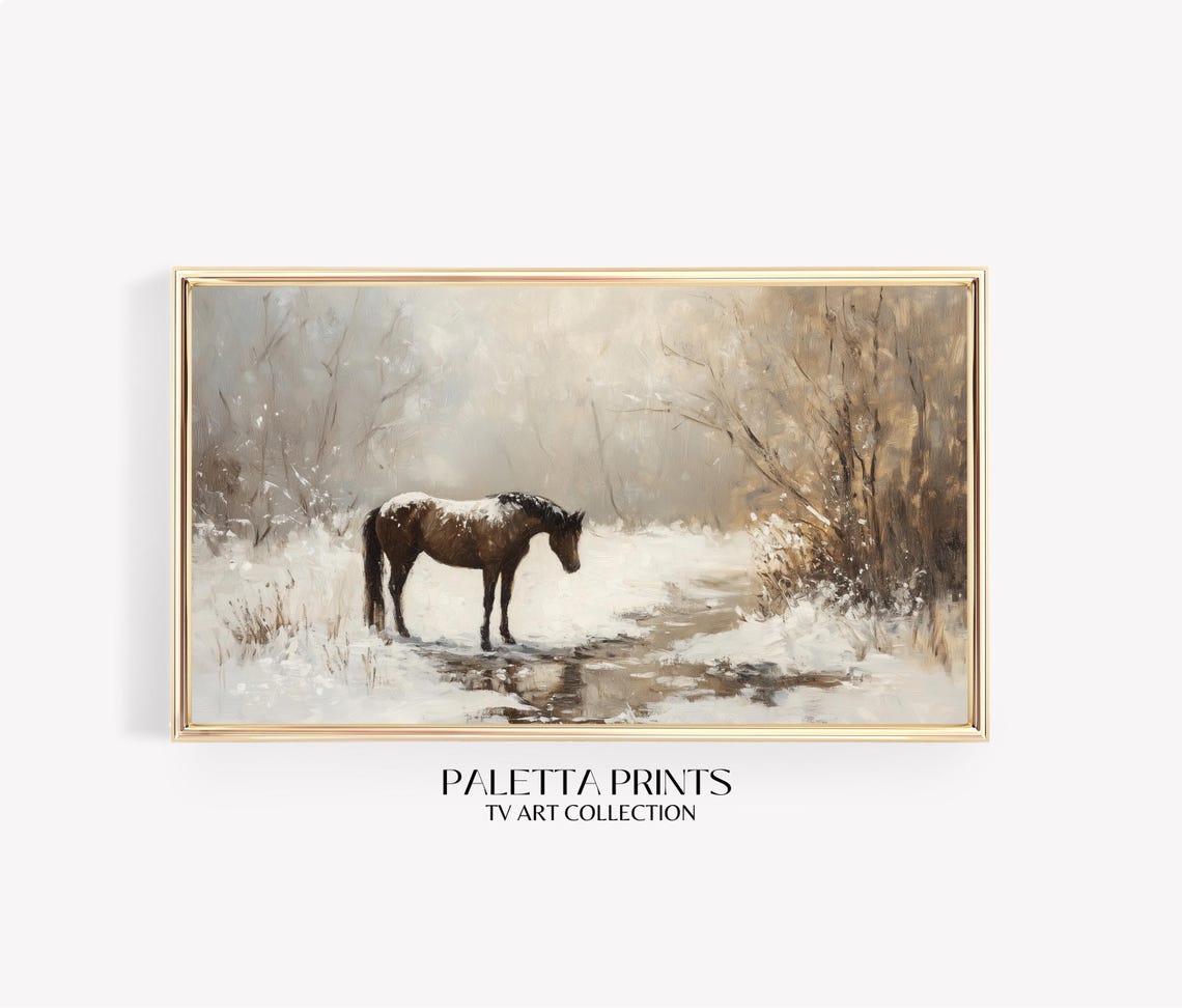 Brown Horse Drinking Snowy Stream Winter Meadow Rustic Painting Poster