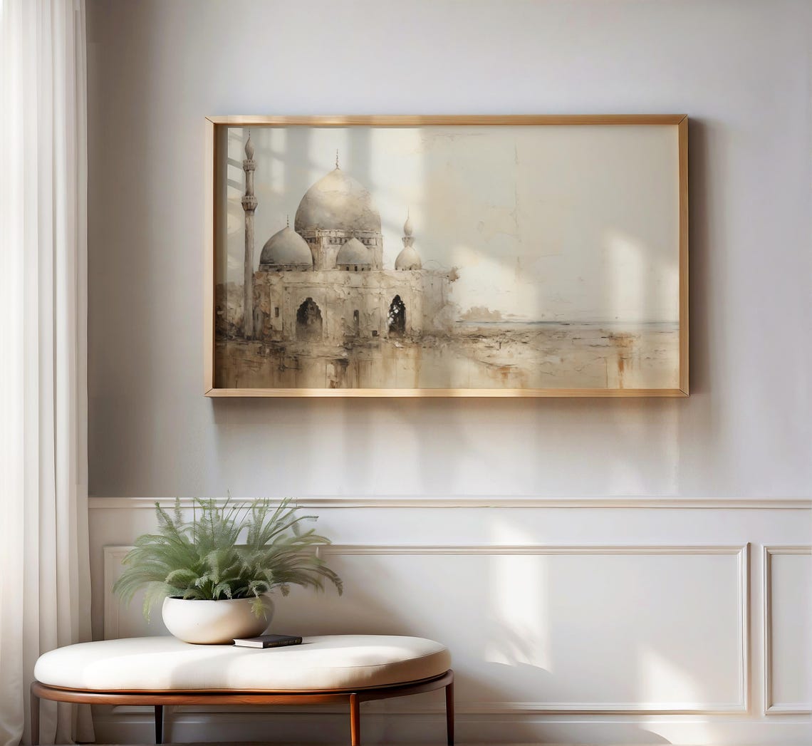 Rustic Vintage Islamic Mosque Painting With Neutral Earth Tones Historic Middle Eastern Architecture Artwork For Frame Tv - Image 2