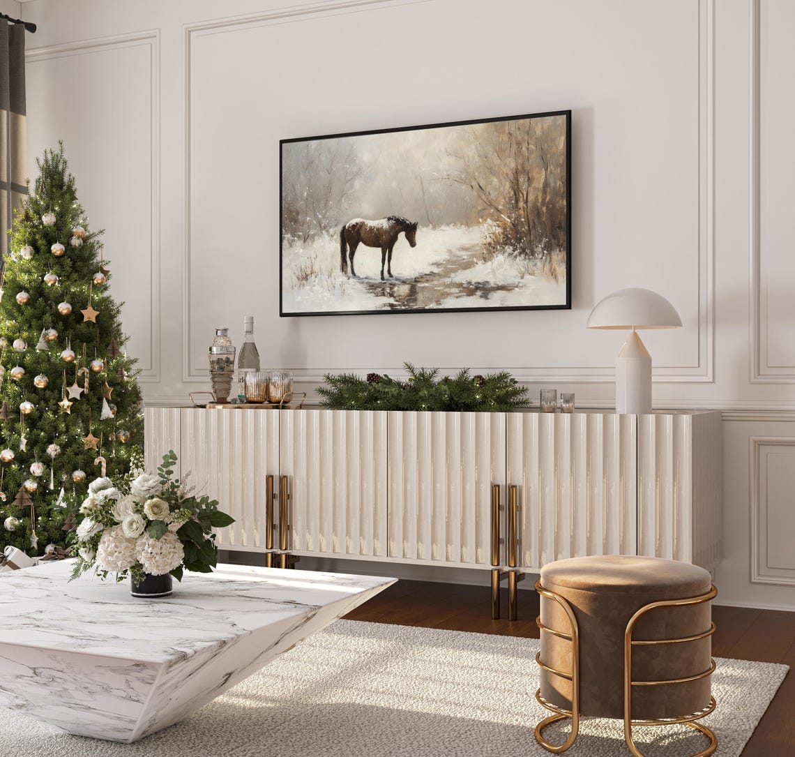 Brown Horse Drinking Snowy Stream Winter Meadow Rustic Painting Poster - Image 3