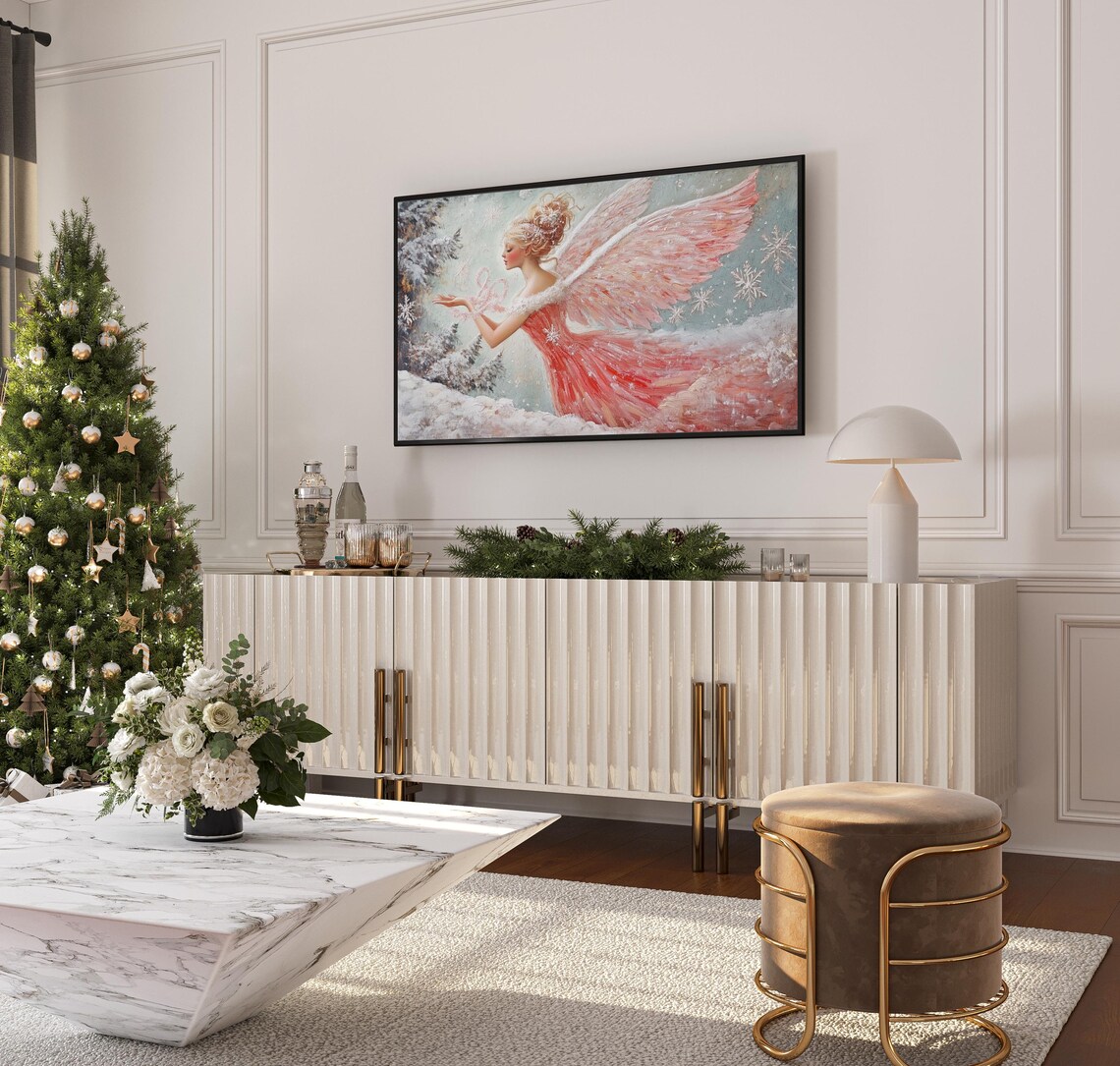 Christmas Angel Pink Dress Snowflake Winter Snowy Scene Wall Art - Image 3