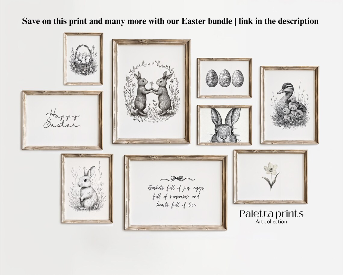 Nine Print Easter Bundle Gallery Wall Minimal Black White Spring Art Poster