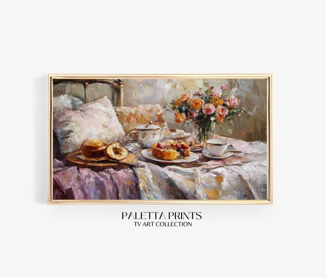Elegant Breakfast in Bed Pastries Fresh Roses Table Art Poster