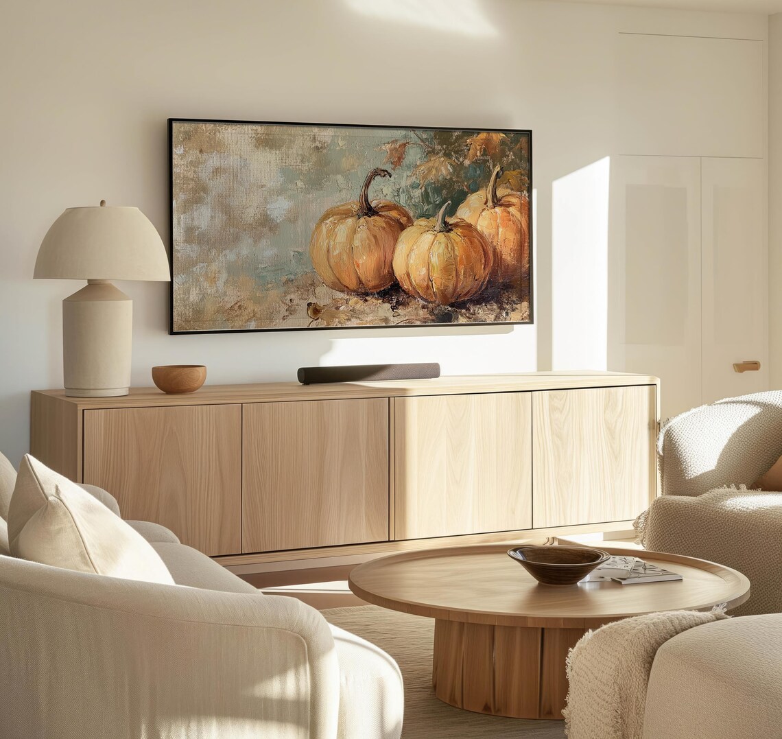 Pumpkin Still Life Three Orange Pumpkins Autumn Harvest Rustic Wall Art - Image 3