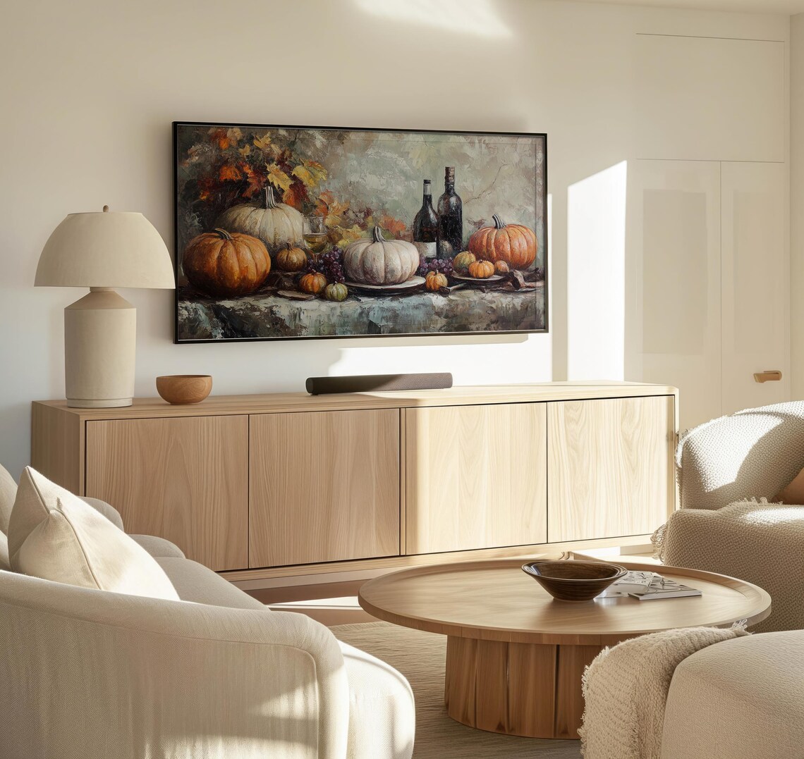 Elegant Fall Still Life White Orange Pumpkins Grapes Wine Art Poster - Image 3