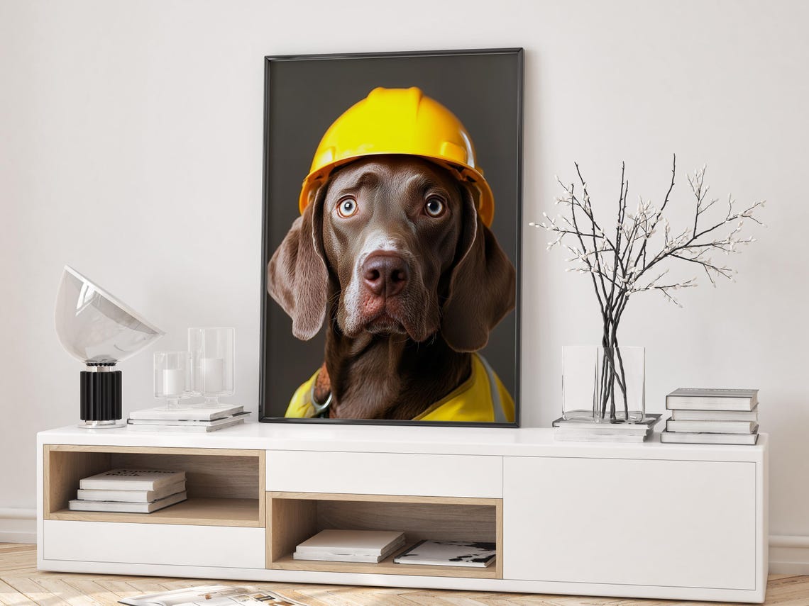 Funny Weimaraner Construction Worker Yellow Hard Hat Safety Poster