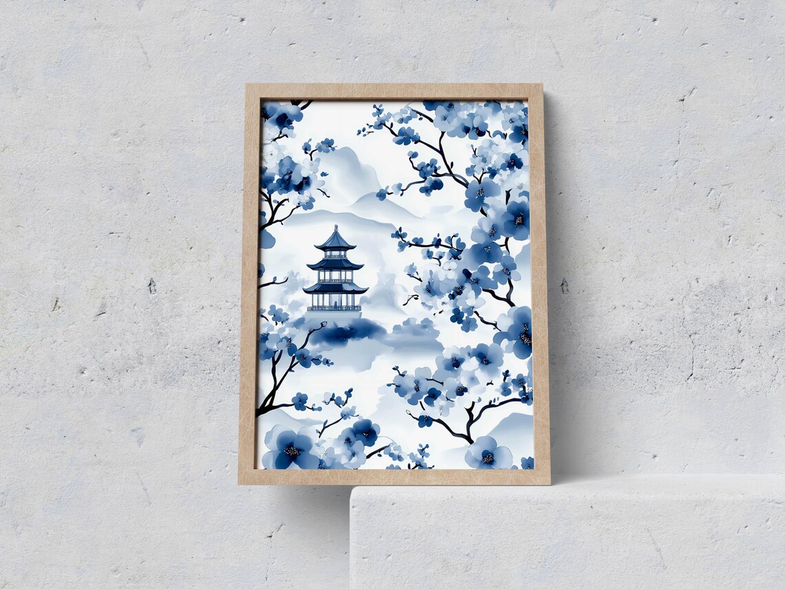 Chinoiserie Blue Floral Pagoda Landscape Poster for Bedroom Decor
