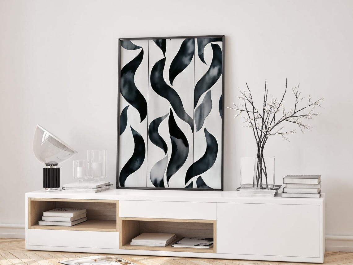 Flowing Black Flame Shapes Minimalist Ink Flow Abstract Art Poster
