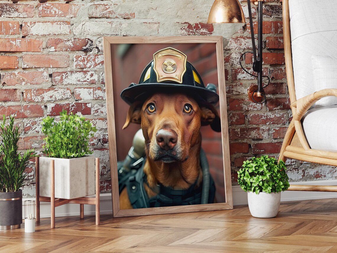 Brave Firefighter Dog Helmet Gold Badge Hero Dog Portrait Poster