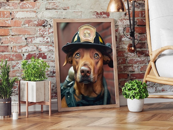 Firefighter Dog Poster Funny Print Heroic Wall Art Fireman Whimsical Animal For Home Or Office