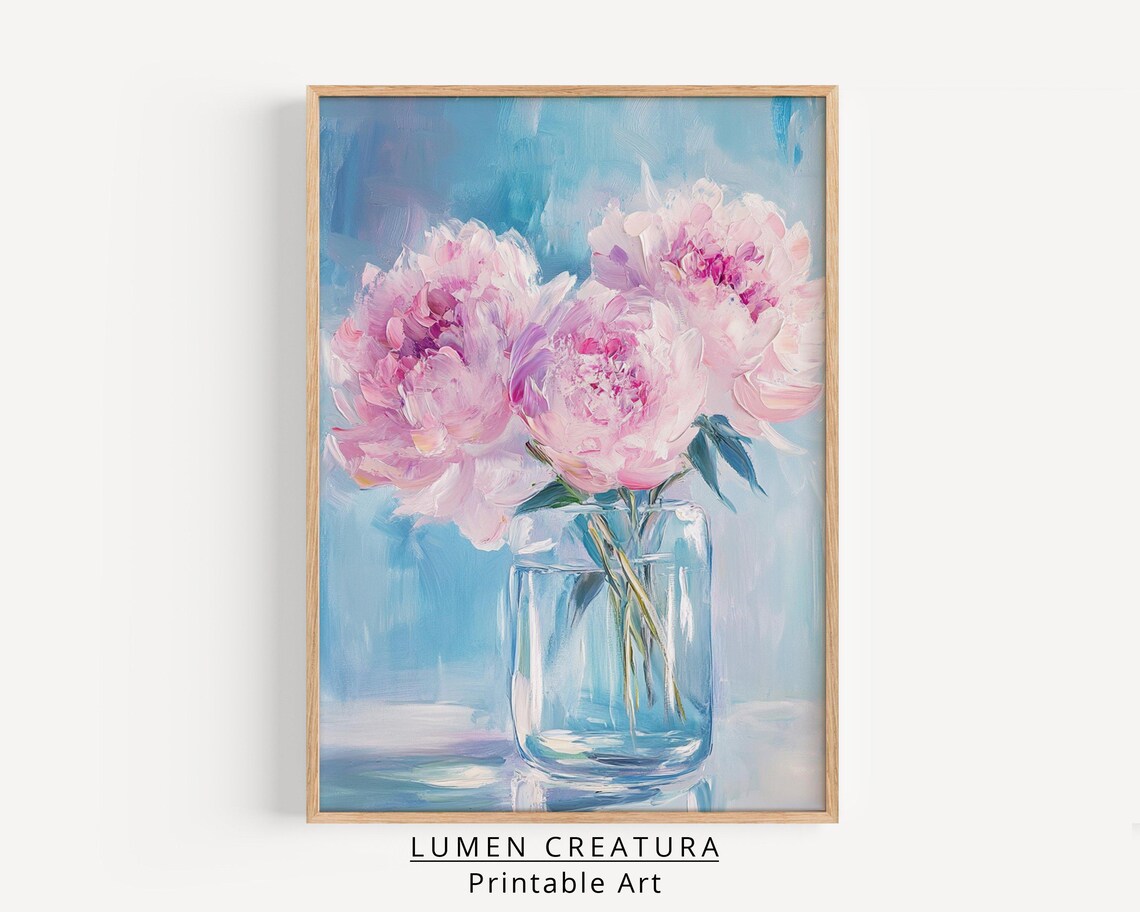 Spring Peonies Painting, Muted Vintage Botanical Art