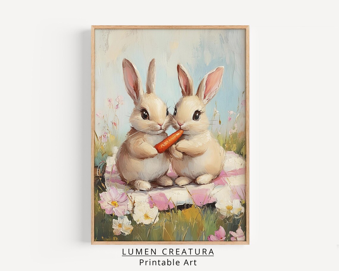 Easter Bunny Art Print, Neutral Spring Farmhouse