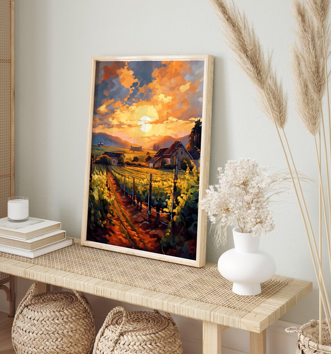 Spring Vineyard Painting, Vintage Sunset Art Print - Image 3