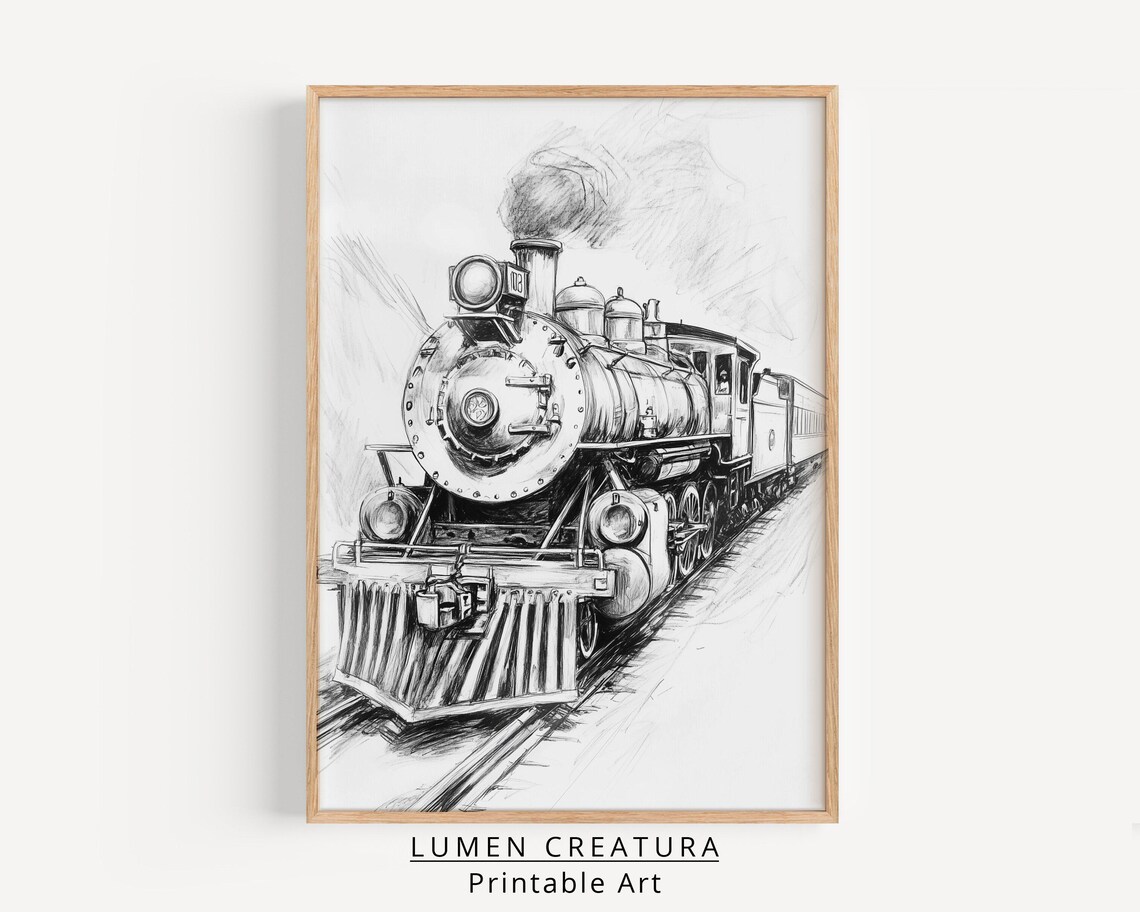 Old Trains Sketch, Vintage Western Horse Art - Image 2
