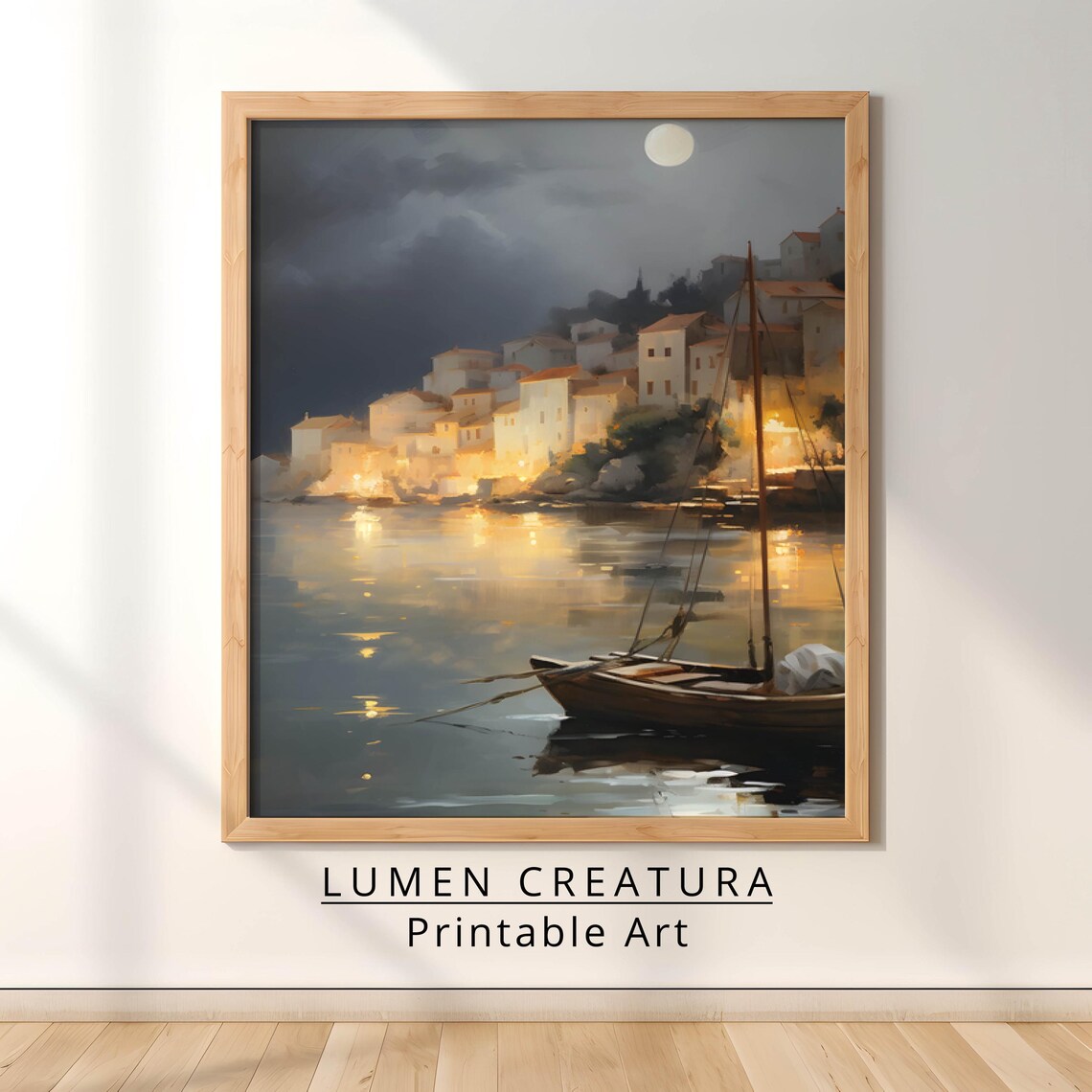 Moonlit Coastal Town, Serene Nightscape Art Print