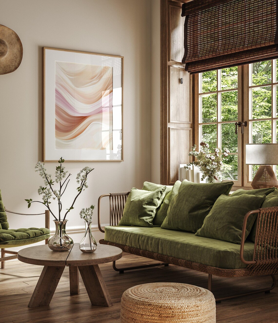 Neutral Muted Vintage Living Room Art Print - Image 3