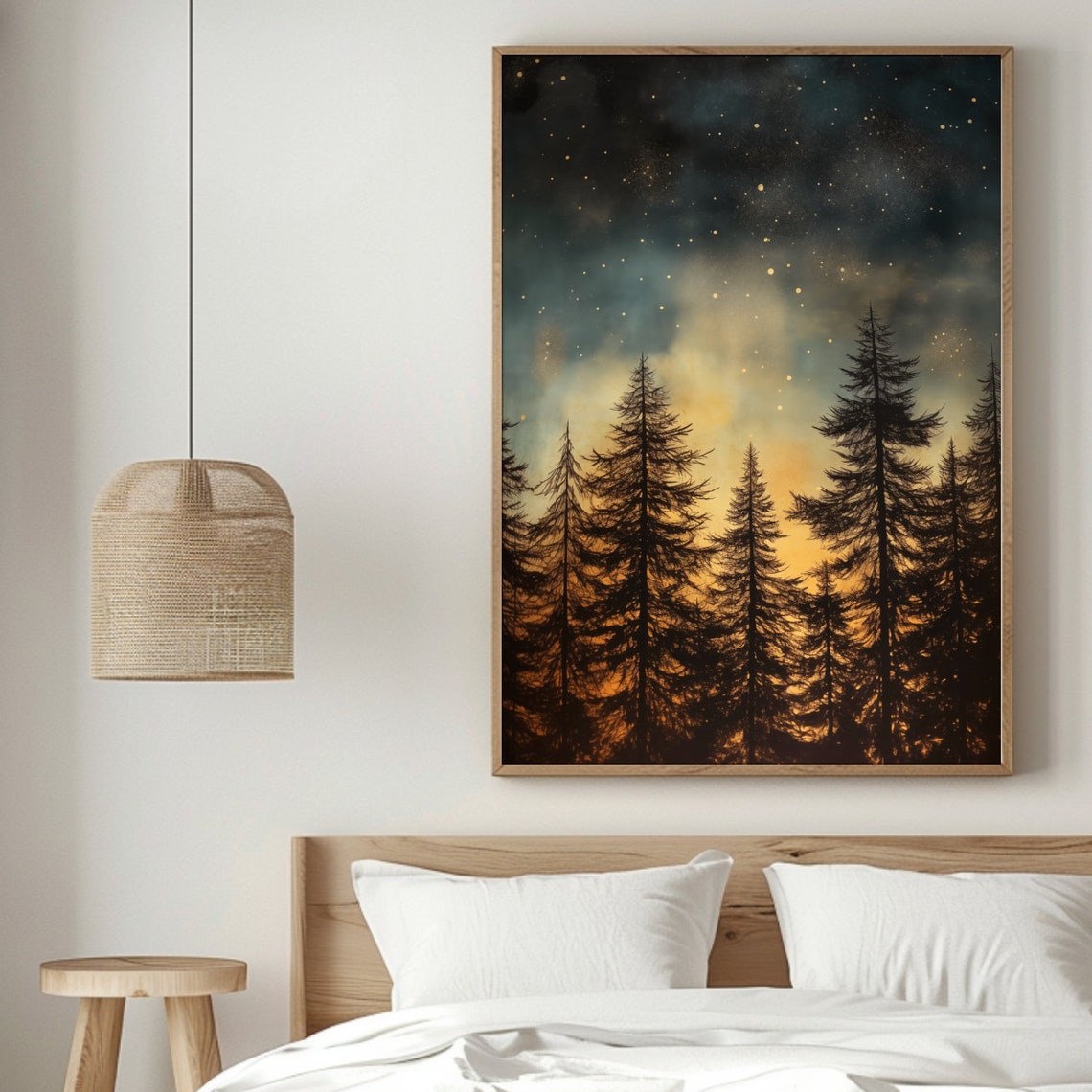 Night Sky Forest, Moody Vintage Cabin Travel Poster