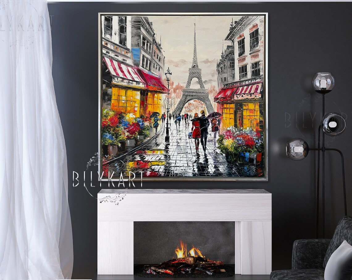 Paris Cafe Oil Painting, Romantic Couple Walking Art Print - Image 3
