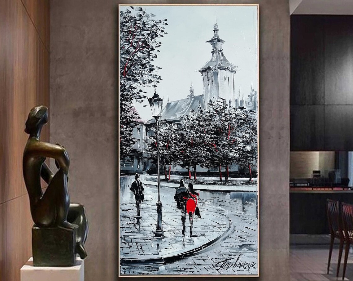 Black And White Rainy City Street Red Umbrella Accent Art Poster