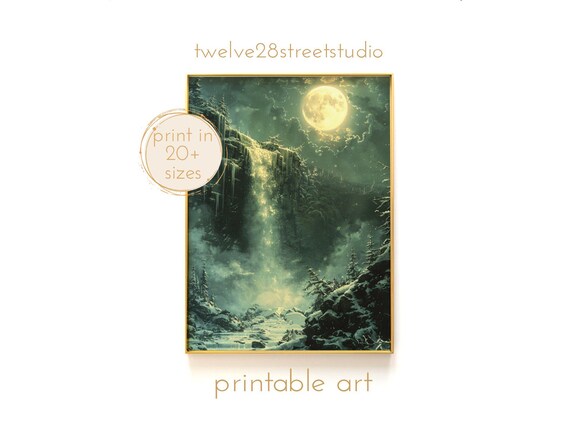 Dark Academia Moonlit Winter Waterfall Full Moon Moody Forest Poster