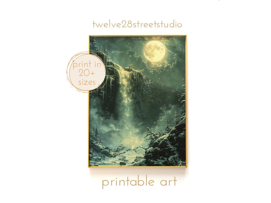 Dark Academia Moonlit Winter Waterfall Full Moon Moody Forest Poster