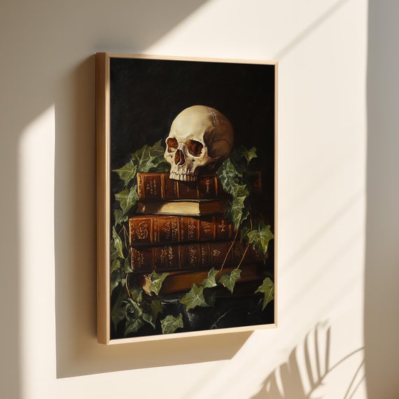 Dark Academia Skull Gothic Still Life Art Antique Books Ivy Macabre Wall Decor Vintage Aesthetic Print