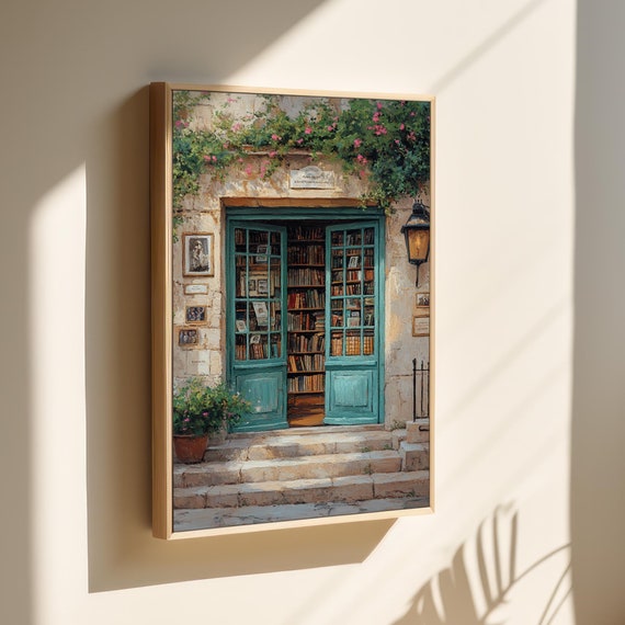 Vintage Bookstore Art Rustic European Bookshop Wall Print For Cozy Library Or Literary Home Decor