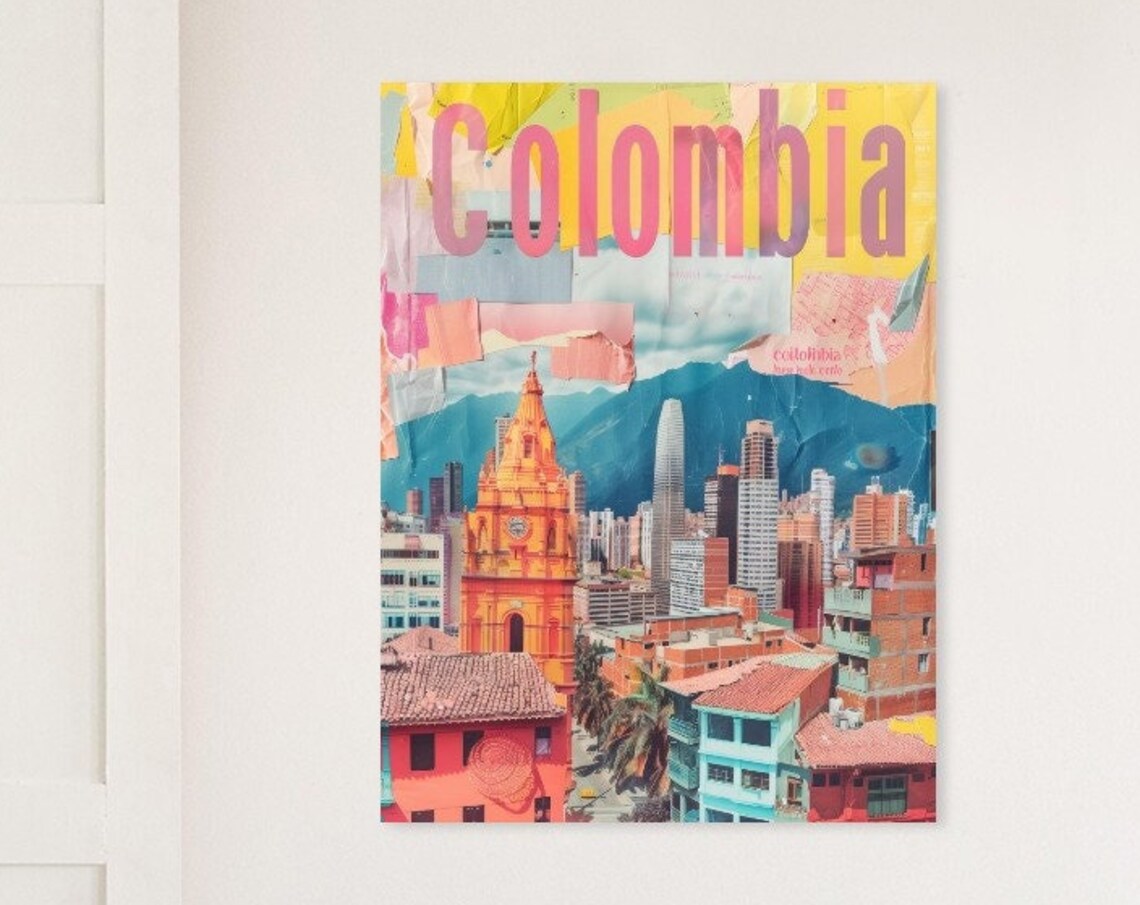 Colombia Colonial Church Mountain Skyline Collage Travel Poster