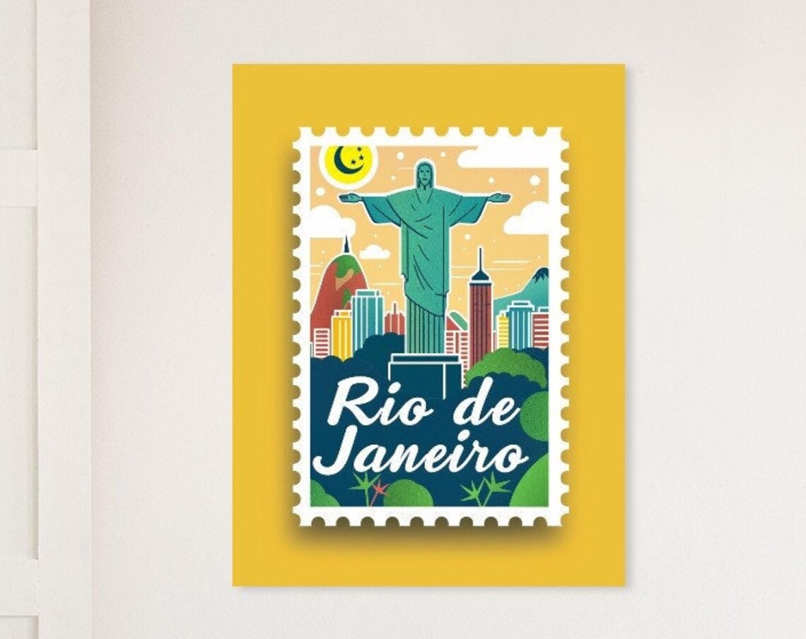 Rio de Janeiro Christ the Redeemer Stamp Style Brazil Travel Poster
