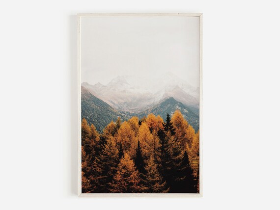 Foggy Mountain Peak Golden Larch Forest Fall Landscape Photo Poster