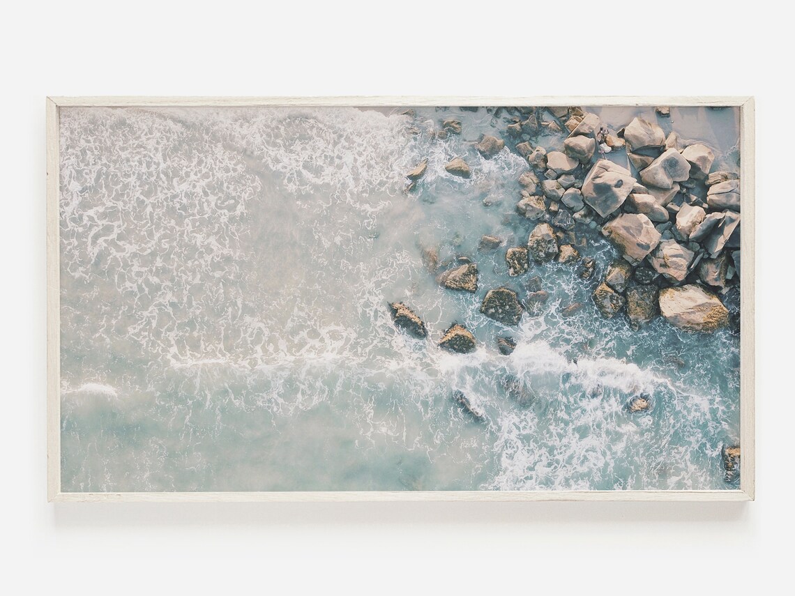 Aerial Ocean Waves Rocky Shoreline Neutral Coastal Drone Photo Poster