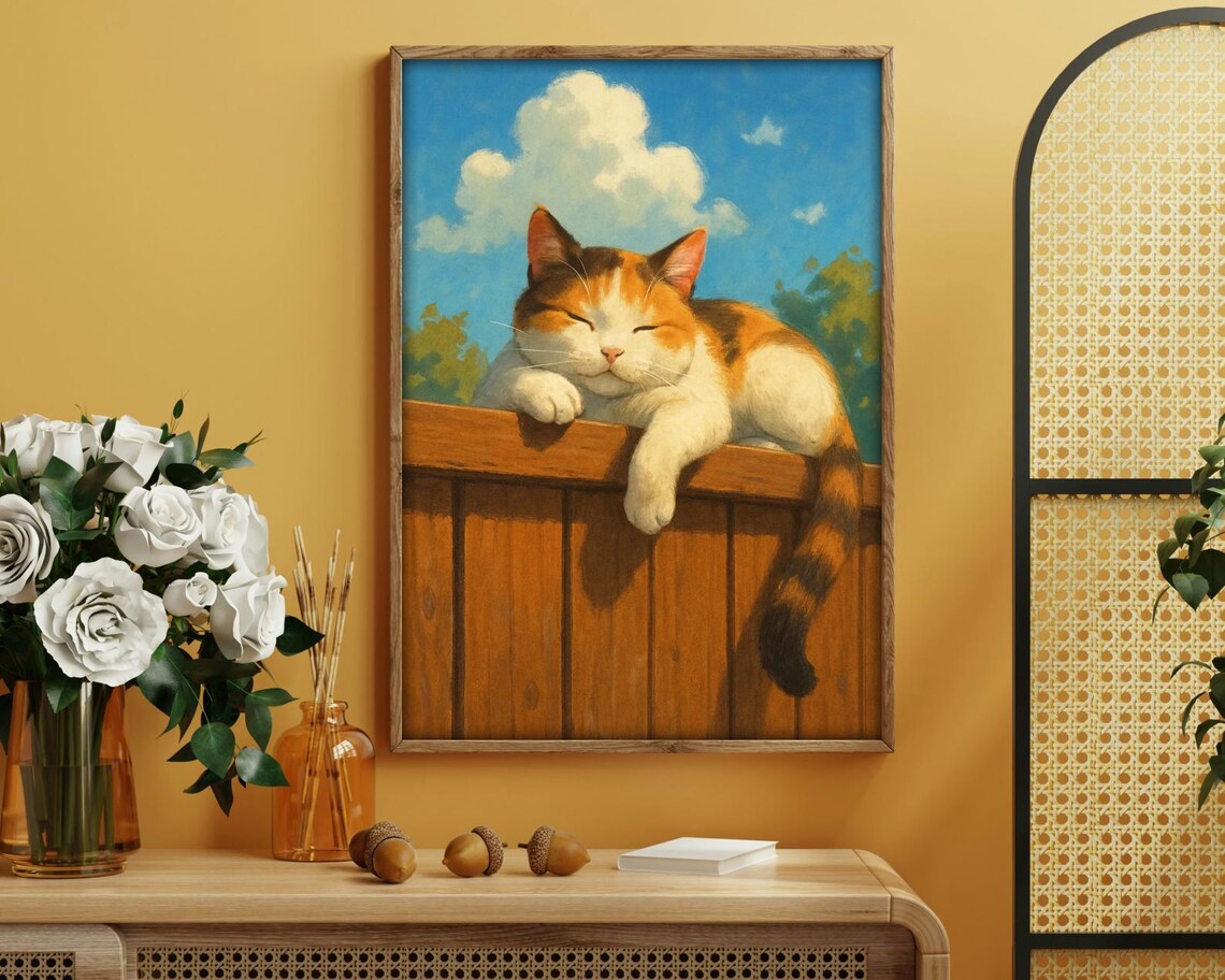 Lazy Cat Afternoon Cozy Calico On Fence Art Print - Image 4