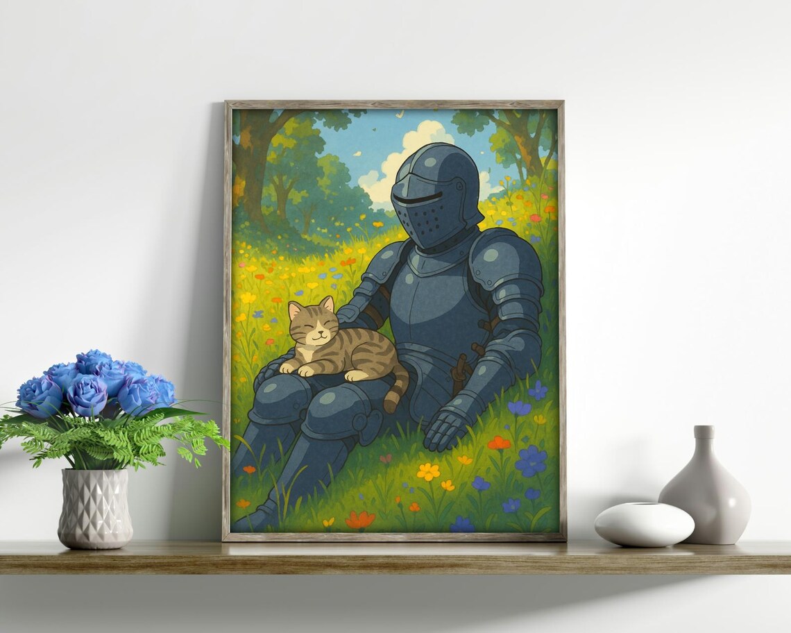 Knight & Cat in a Meadow - Painterly Fantasy Art - Image 2