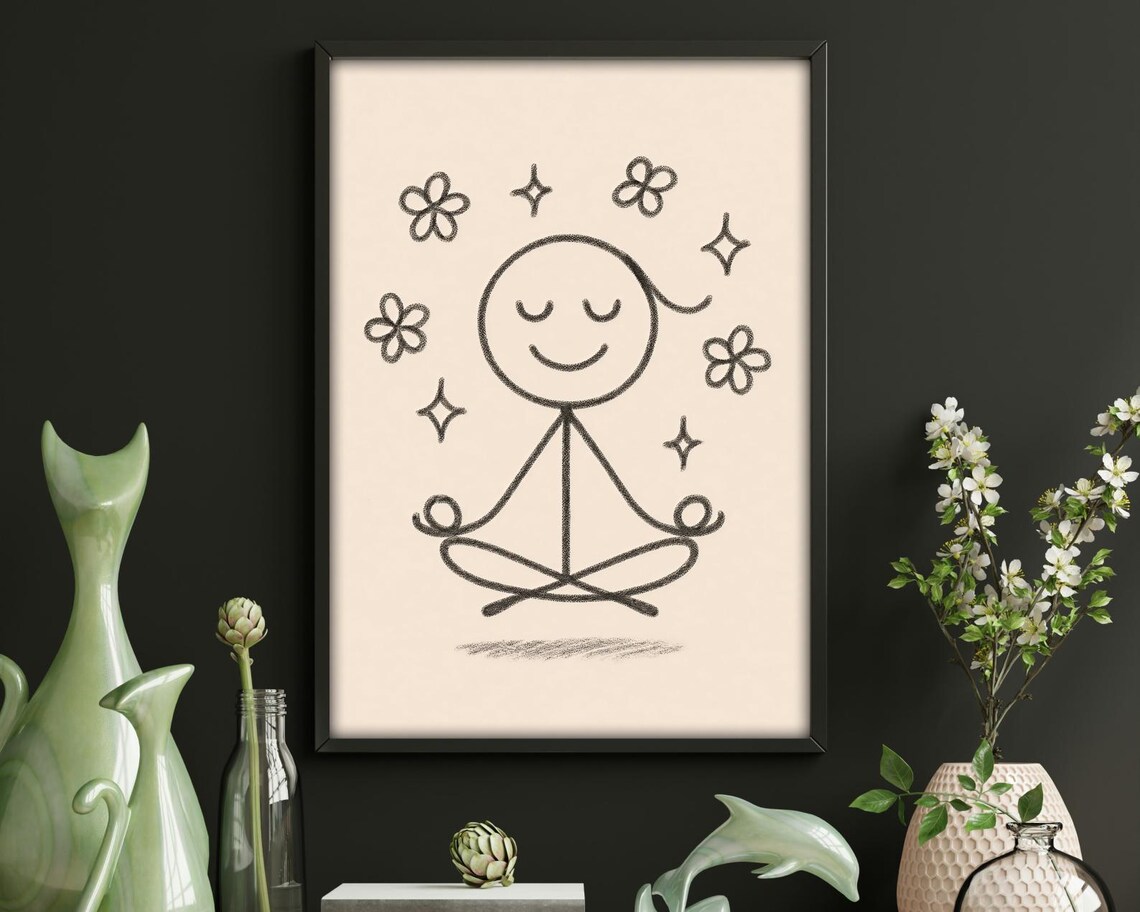 Minimalist Stick Figure Yoga Art, Calm Mind Meditation - Image 2