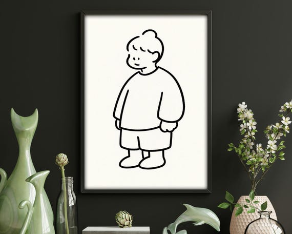 Minimalist Boy Line Art - Black & White Print