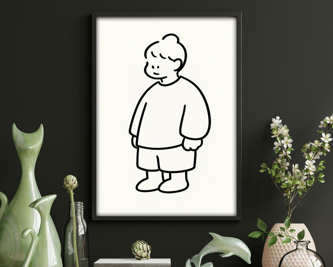 Minimalist Boy Line Art - Black & White Print