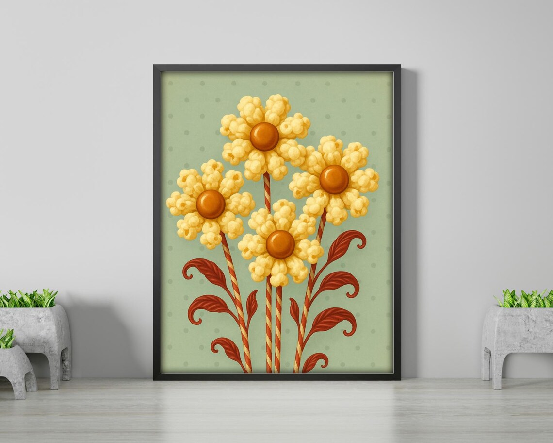 Popcorn Candy Flowers Retro Kitchen Art Print - Image 3