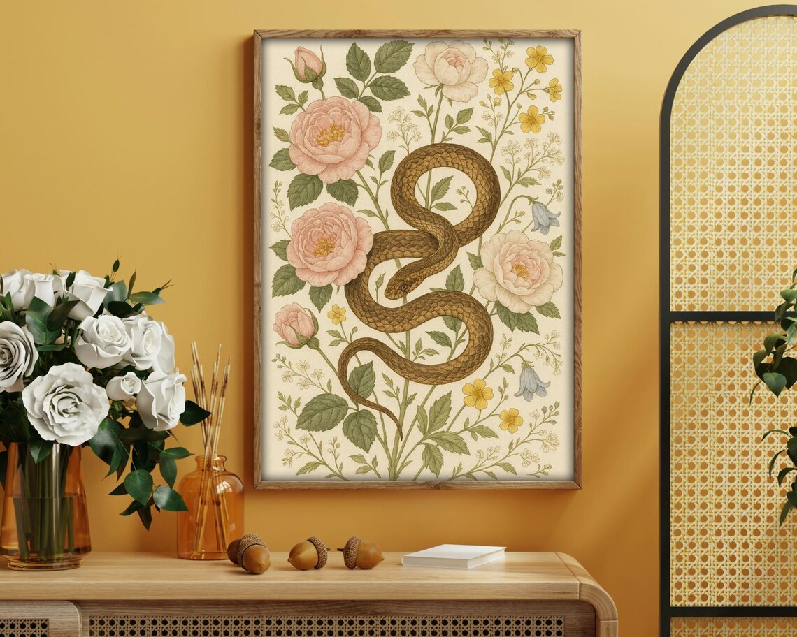 Botanical Snake Illustration, Vintage Floral Serpent Art Print