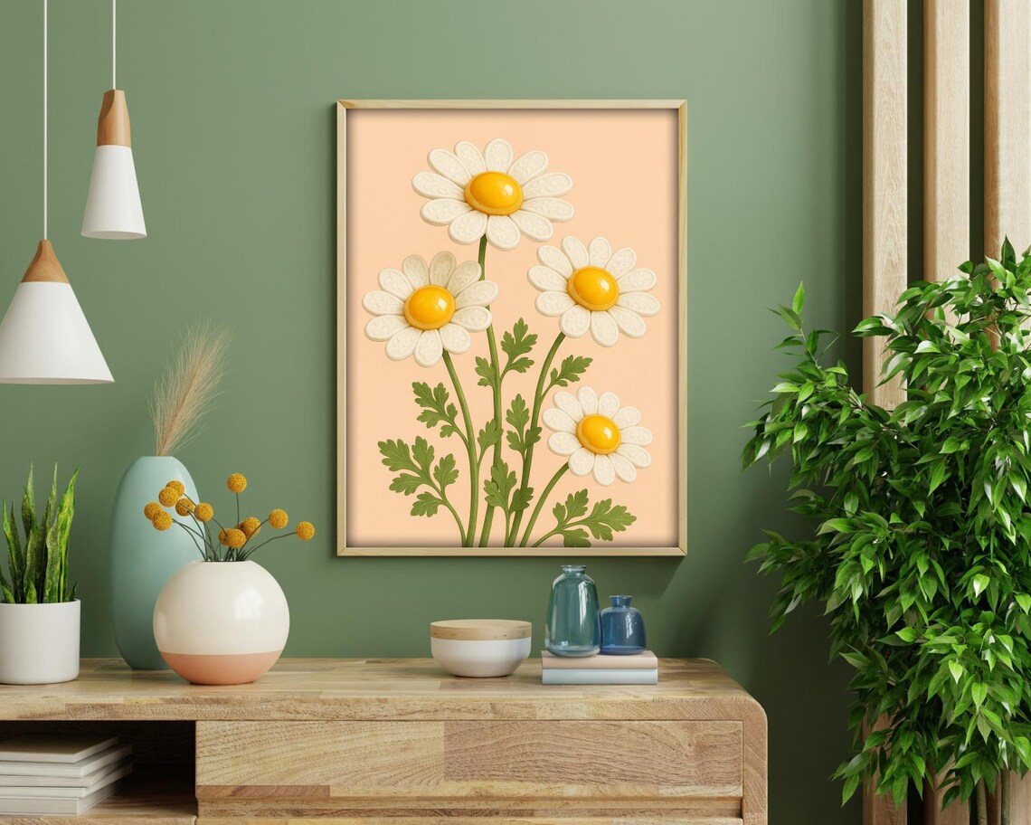 Surreal Daisy Egg Flowers, Whimsical Kitchen Art - Image 3